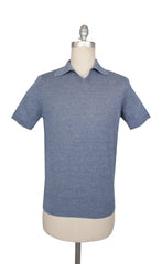 $795 Brunello Cucinelli Blue Melange Linen Blend Polo - (BC512266) - Parent