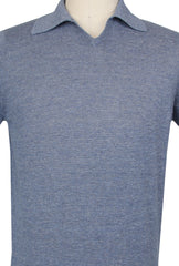 $795 Brunello Cucinelli Blue Melange Linen Blend Polo - (BC512266) - Parent