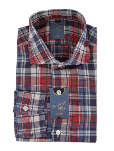 $375 Barba Napoli Red Plaid Linen Shirt - Extra Slim - (BN115261) - Parent