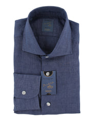 $375 Barba Napoli Blue Solid Linen Shirt - Extra Slim - (BN9162516) - Parent