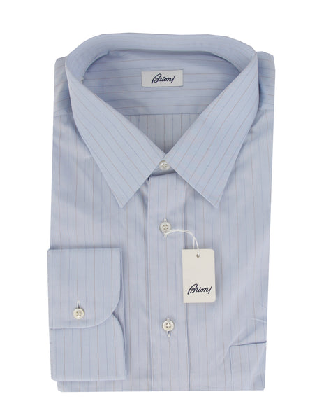 $550 Brioni Light Blue Striped Cotton Shirt - Slim - (BR55261) - Parent