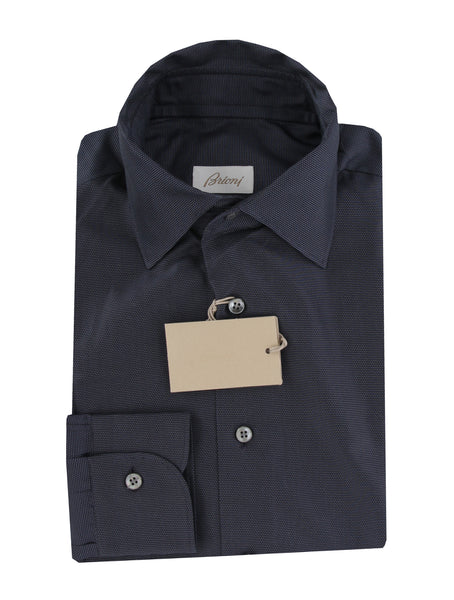 $930 Brioni Dark Blue Polka Dot Cotton Blend Shirt - Full - (BR552619) - Parent