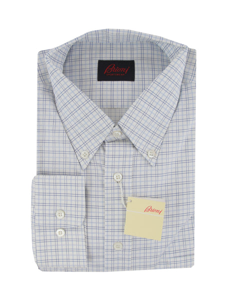 $550 Brioni Blue Plaid Cotton Shirt - Slim - (BR821251) - Parent