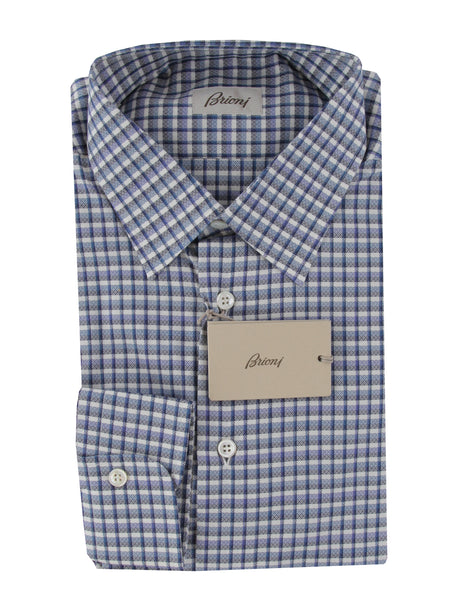 $800 Brioni Blue Plaid Cotton Shirt - Slim - (BR619258) - Parent