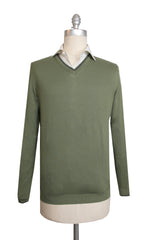 Cesare Attolini Olive Green Cotton V-Neck Sweater - M/50 - (CA112237)