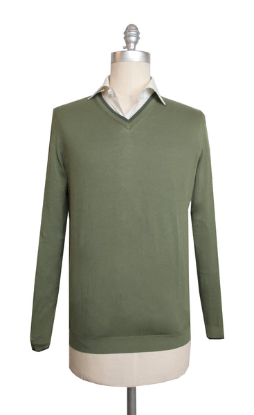 Cesare Attolini Olive Green Cotton V-Neck Sweater - (CA112237) - Parent