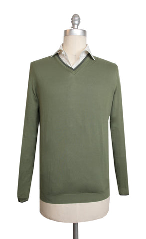 Cesare Attolini Olive Green V-Neck Sweater