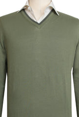Cesare Attolini Olive Green Cotton V-Neck Sweater - (CA112237) - Parent