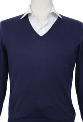 Cesare Attolini Navy Blue Sea Island Cotton V-Neck Sweater - (CA17231) - Parent