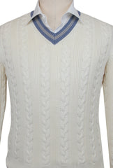 $1560 Cesare Attolini Off White Cotton V-Neck Sweater - (CA124263) - Parent
