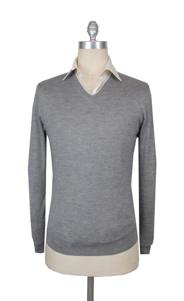 $850 Fedeli Gray Cashmere Blend V-Neck Sweater - (FD38251) - Parent