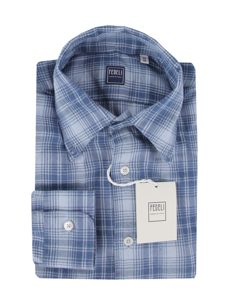 $575 Fedeli Blue Plaid Flannel Shirt - Slim - (FD55262) - Parent