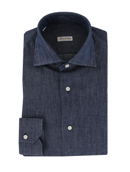 $600 Fiori Di Lusso Dark Blue Solid Cotton Shirt - Full - (FL715265) - Parent