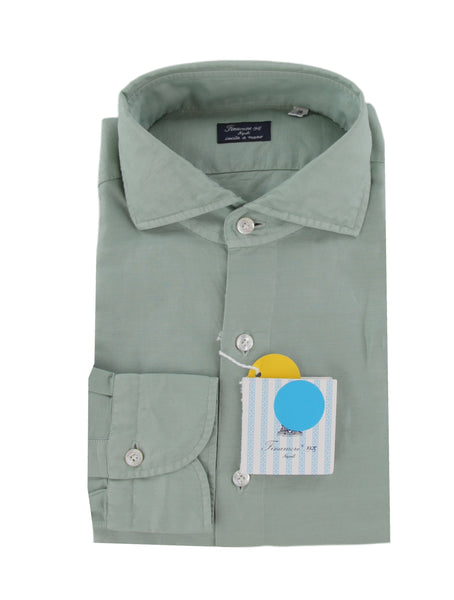 $600 Finamore Napoli Green Linen Blend Shirt - Slim - (FN102257) - Parent