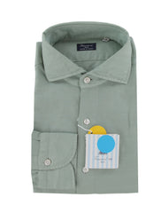 $600 Finamore Napoli Green Linen Blend Shirt - Slim - (FN102257) - Parent