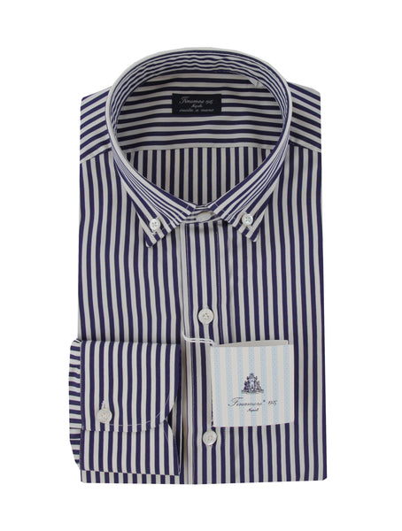 $450 Finamore Napoli Navy Blue Striped Shirt - Slim - (FN222252) - Parent