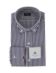 $450 Finamore Napoli Navy Blue Striped Shirt - Slim - (FN222252) - Parent