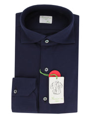 Finamore Napoli Dark Blue Solid Cotton Shirt - Extra Slim - 15/38 - (FN130249)