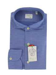 $350 Finamore Napoli Blue Solid Cotton Shirt - Slim - 15/38 - (FN8282424)