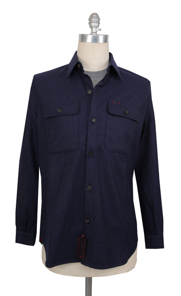 $2495 Isaia Dark Blue Solid Wool Blend Overshirt - (IS429262) - Parent