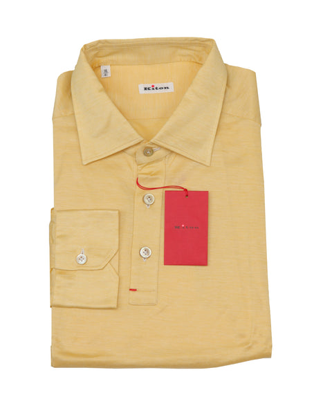 $600 Kiton Yellow Solid Cotton Popover Shirt - Slim - (KT9162612) - Parent