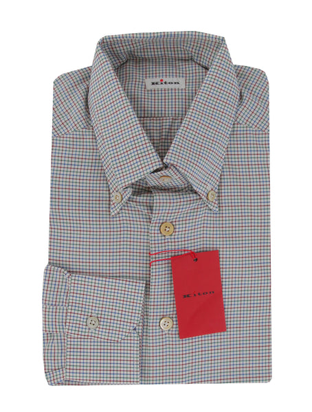 $600 Kiton Red Micro-Check Cotton Shirt - Slim - (KT311251) - Parent