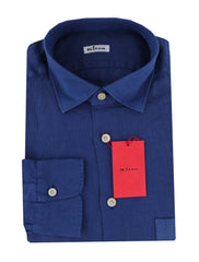 $600 Kiton Blue Solid Linen Shirt - Extra Slim - (KT314265) - Parent