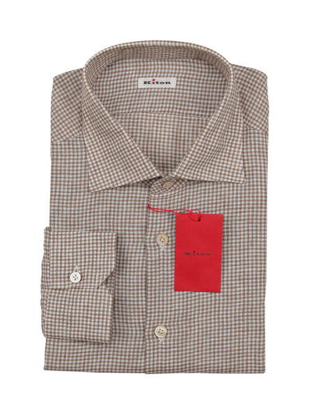 Kiton Light Brown Micro-Check Linen Shirt - Slim - (KT11162220) - Parent