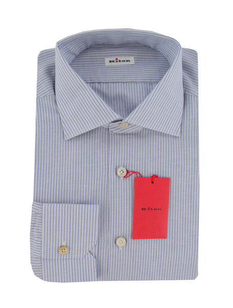 $600 Kiton Blue Striped Cotton Blend Shirt - Slim - (KT311257) - Parent