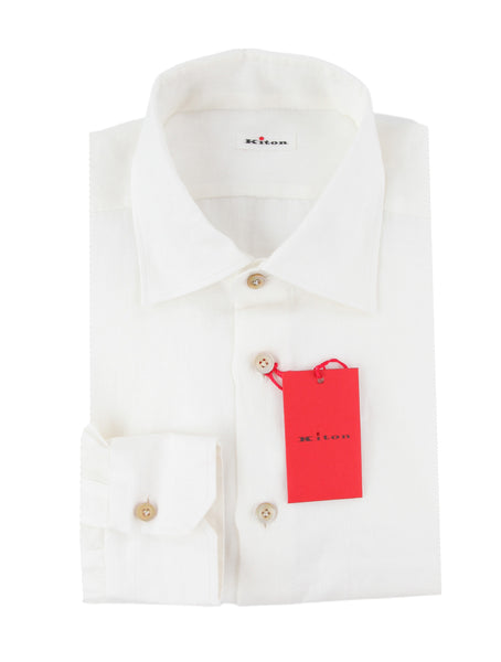 $800 Kiton White Solid Linen Shirt - Slim - (KT821254) - Parent