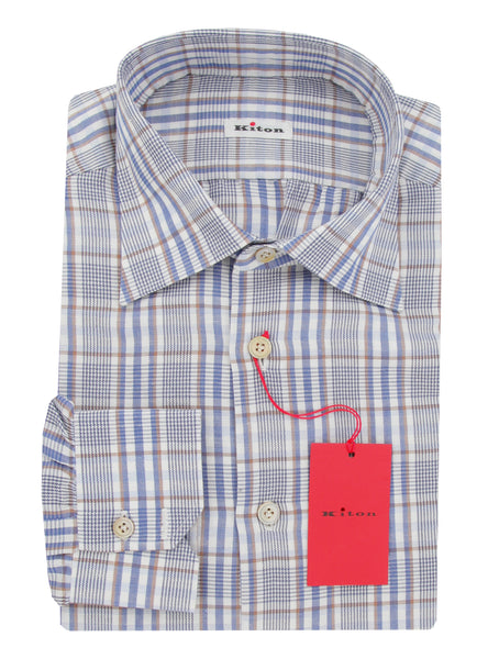 $600 Kiton Light Blue Plaid Cotton Shirt - Slim - (KT9122617) - Parent