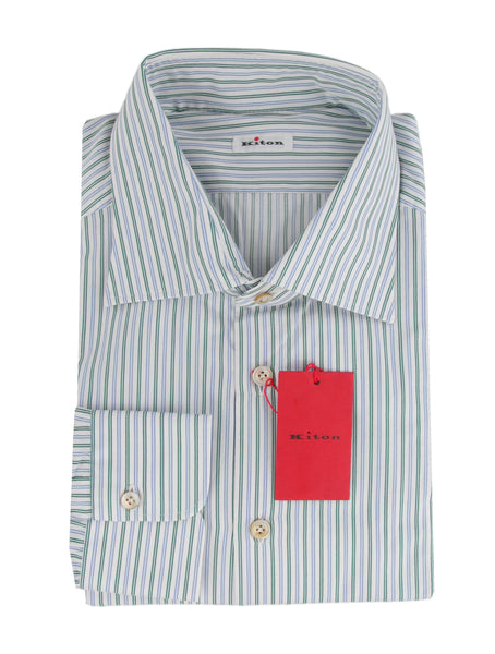 $600 Kiton Green Striped Cotton Shirt - Slim - (KT314266) - Parent