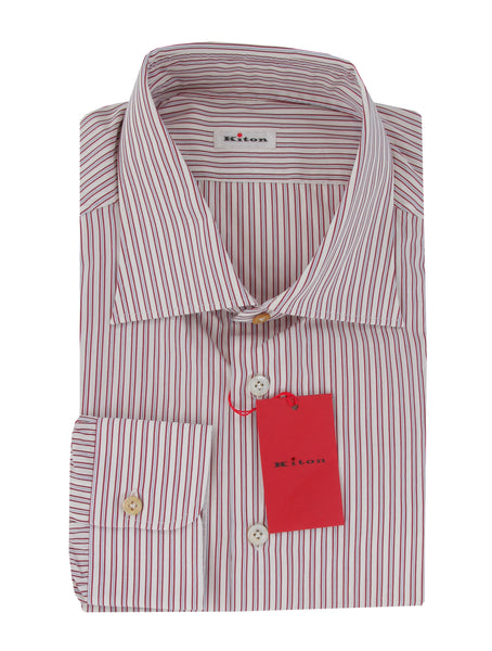 $600 Kiton Burgundy Red Striped Cotton Shirt - Slim - (KT3112510) - Parent