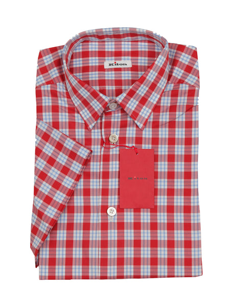 Kiton Red Short Sleeved Cotton Shirt - Slim - (KT06292219) - Parent