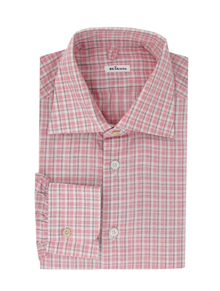 $600 Kiton Red Plaid Cotton Blend Shirt - Slim - (KT916261) - Parent
