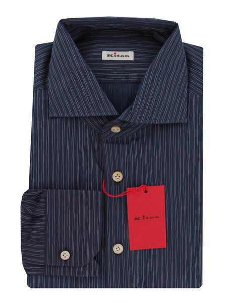 $600 Kiton Dark Blue Striped Cotton Shirt - Slim - (KT9122614) - Parent