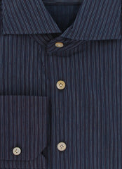 $600 Kiton Dark Blue Striped Cotton Shirt - Slim - (KT9122614) - Parent