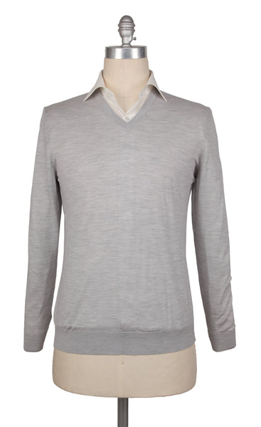 Kiton Light Gray Wool V-Neck Sweater - (KT126221) - Parent