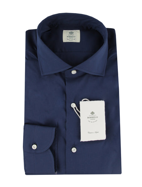 $500 Luigi Borrelli Navy Blue Cotton Blend Shirt - Slim - (LB382613) - Parent