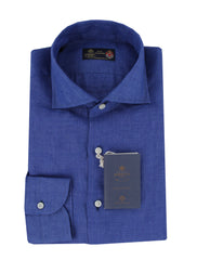 $600 Luigi Borrelli Blue Solid Linen Shirt - Slim - 16/41 - (LB125252)