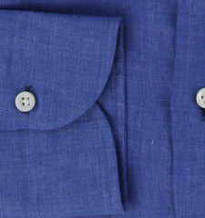 $600 Luigi Borrelli Blue Solid Linen Shirt - Slim - (LB125252) - Parent