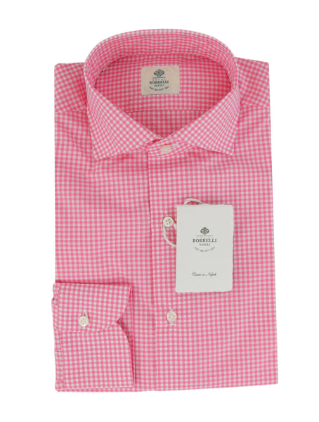 $500 Luigi Borrelli Pink Check Cotton Shirt - Slim - (LB328264) - Parent
