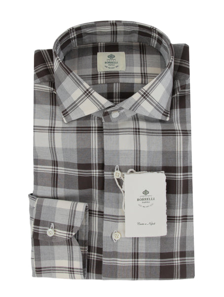 $500 Luigi Borrelli Light Gray Plaid Cotton Shirt - Slim - (LB1227254) - Parent