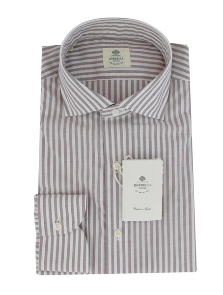 $500 Luigi Borrelli Brown Striped Cotton Shirt - Slim - (LB328261) - Parent