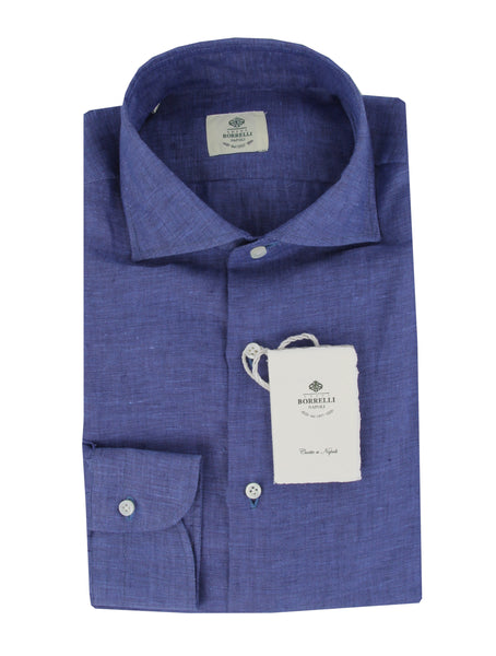 $500 Luigi Borrelli Blue Solid Linen Shirt - Slim - (LB125254) - Parent