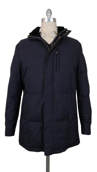 $4750 Mandelli Navy Blue Silk Solid Coat - (MM413244) - Parent