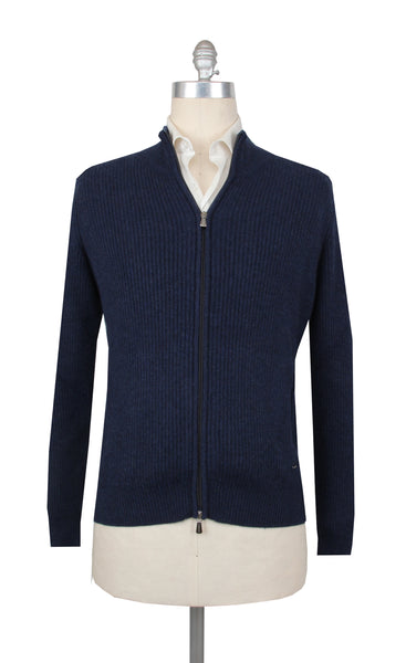 $1500 Mandelli Navy Blue Cashmere Crewneck Jacket - (MM918244) - Parent