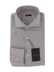 $375 Sartorio Napoli Brown Striped Linen Shirt - Slim - 18/45 - (SA222251)