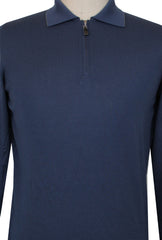 $600 Svevo Parma Navy Blue Wool 1/4 Zip Polo Sweater - (SV419258) - Parent