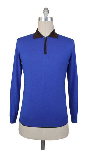 $875 Svevo Parma Blue Wool 1/4 Zip Polo Sweater - (SV419255) - Parent
